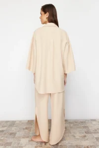 TRENDYOLMİLLA beachwear Beige Weaving tied up linen blended Shirt Pants Set - Image 6
