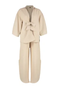TRENDYOLMİLLA beachwear Beige Weaving tied up linen blended Shirt Pants Set - Image 7