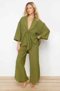 TRENDYOLMİLLA Khaki Weaving tied up linen blended Shirt Pants Beach Set