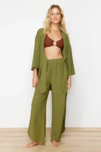 TRENDYOLMİLLA Khaki Weaving tied up linen blended Shirt Pants Beach Set - Image 2