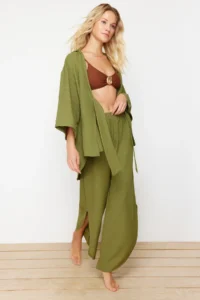TRENDYOLMİLLA Khaki Weaving tied up linen blended Shirt Pants Beach Set - Image 3