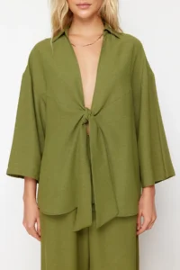 TRENDYOLMİLLA Khaki Weaving tied up linen blended Shirt Pants Beach Set - Image 4
