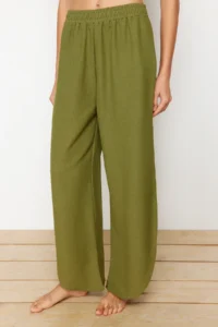 TRENDYOLMİLLA Khaki Weaving tied up linen blended Shirt Pants Beach Set - Image 5