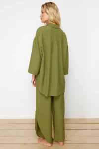 TRENDYOLMİLLA Khaki Weaving tied up linen blended Shirt Pants Beach Set - Image 6