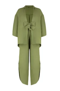 TRENDYOLMİLLA Khaki Weaving tied up linen blended Shirt Pants Beach Set - Image 7