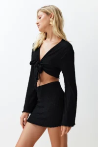 TRENDYOLMİLLA Black tied up textured Blouse Skirt Beach Set - Image 2