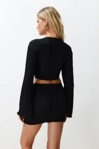 TRENDYOLMİLLA Black tied up textured Blouse Skirt Beach Set - Image 6