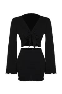 TRENDYOLMİLLA Black tied up textured Blouse Skirt Beach Set - Image 7