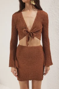 TRENDYOLMİLLA Light Brown textured Blouse Skirt Set - Image 3