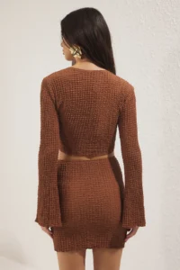 TRENDYOLMİLLA Light Brown textured Blouse Skirt Set - Image 4