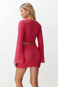 TRENDYOLMİLLA beachwear Fuchsia tied up textured Blouse Skirt Set - Image 6