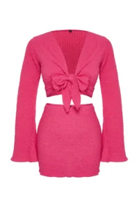 TRENDYOLMİLLA beachwear Fuchsia tied up textured Blouse Skirt Set - Image 7