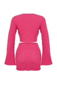 TRENDYOLMİLLA beachwear Fuchsia tied up textured Blouse Skirt Set - Image 9