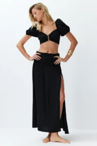 TRENDYOLMİLLA Black Weaving with accessories slit Blouse Skirt Beach Set - Image 3