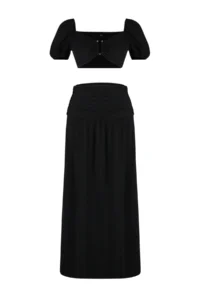 TRENDYOLMİLLA Black Weaving with accessories slit Blouse Skirt Beach Set - Image 7