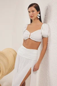 TRENDYOLMİLLA Ecru Weaving with accessories slit Blouse Skirt Beach Set - Image 2