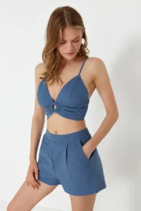 TRENDYOLMİLLA Mavi Weaving with accessories Blouse Shorts Beach Set - Image 2