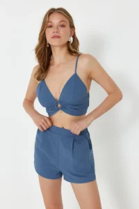 TRENDYOLMİLLA Mavi Weaving with accessories Blouse Shorts Beach Set - Image 3