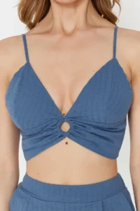 TRENDYOLMİLLA Mavi Weaving with accessories Blouse Shorts Beach Set - Image 4