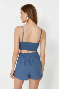 TRENDYOLMİLLA Mavi Weaving with accessories Blouse Shorts Beach Set - Image 6
