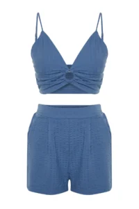 TRENDYOLMİLLA Mavi Weaving with accessories Blouse Shorts Beach Set - Image 7