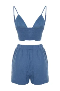 TRENDYOLMİLLA Mavi Weaving with accessories Blouse Shorts Beach Set - Image 9
