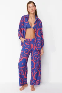 TRENDYOLMİLLA Abstract Patterned Patterned Weaving Shirt Pants Beach Set