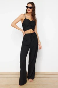 TRENDYOLMİLLA Black Weaving textured Blouse Pants Beach Set