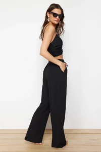 TRENDYOLMİLLA Black Weaving textured Blouse Pants Beach Set - Image 2