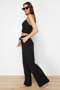 TRENDYOLMİLLA Black Weaving textured Blouse Pants Beach Set - Image 3