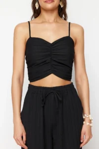 TRENDYOLMİLLA Black Weaving textured Blouse Pants Beach Set - Image 4