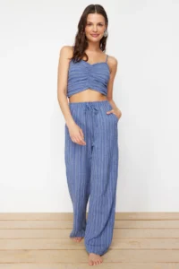 TRENDYOLMİLLA Mavi Weaving textured Blouse Pants Beach Set - Image 2