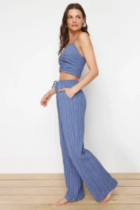 TRENDYOLMİLLA Mavi Weaving textured Blouse Pants Beach Set - Image 3