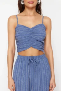 TRENDYOLMİLLA Mavi Weaving textured Blouse Pants Beach Set - Image 4
