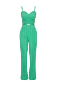 TRENDYOLMİLLA Green Weaving textured Blouse Pants Beach Set - Image 7