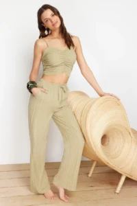 TRENDYOLMİLLA beachwear Khaki Weaving textured Blouse Pants Set