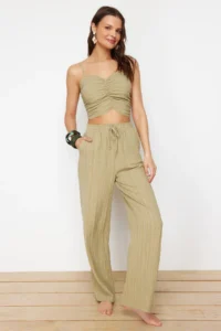 TRENDYOLMİLLA beachwear Khaki Weaving textured Blouse Pants Set - Image 2