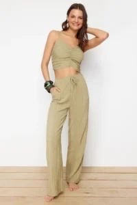 TRENDYOLMİLLA beachwear Khaki Weaving textured Blouse Pants Set - Image 3