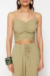 TRENDYOLMİLLA beachwear Khaki Weaving textured Blouse Pants Set - Image 4