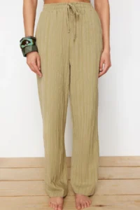 TRENDYOLMİLLA beachwear Khaki Weaving textured Blouse Pants Set - Image 5