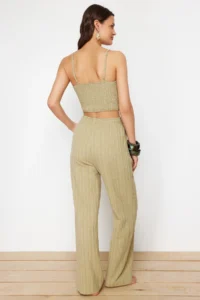 TRENDYOLMİLLA beachwear Khaki Weaving textured Blouse Pants Set - Image 6