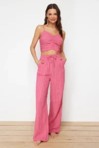 TRENDYOLMİLLA Fuchsia Weaving textured Blouse Pants Beach Set - Image 2