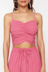 TRENDYOLMİLLA Fuchsia Weaving textured Blouse Pants Beach Set - Image 4