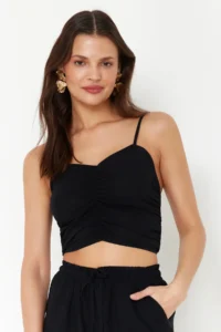 TRENDYOLMİLLA beachwear Black Weaving Shirred Blouse-Pants Set