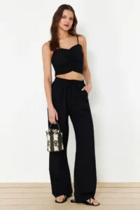 TRENDYOLMİLLA beachwear Black Weaving Shirred Blouse-Pants Set - Image 2