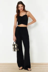 TRENDYOLMİLLA beachwear Black Weaving Shirred Blouse-Pants Set - Image 3