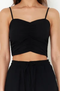 TRENDYOLMİLLA beachwear Black Weaving Shirred Blouse-Pants Set - Image 4