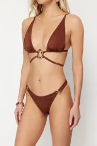 TRENDYOLMİLLA Brown with accessories Triangle Covered brazilian Regular Waist Bikini Set - Image 4