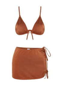 TRENDYOLMİLLA Brown Triangle Etekli Covered brazilian Regular Waist 3 Sets Set Bikini Set - Image 9