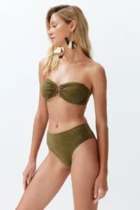 TRENDYOLMİLLA Khaki Simli with accessories Strapless Covered Regular High Waist Bikini Set - Image 3
